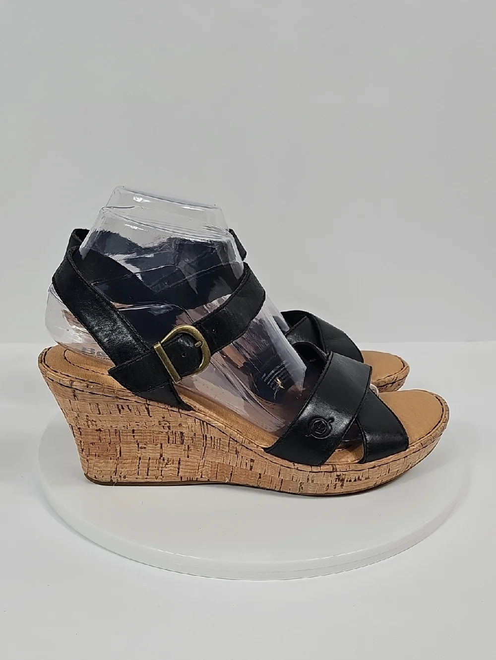 NWT Born Leather Wedge Sandals Cork-Style Platform Cross Strap Black 10 Boho